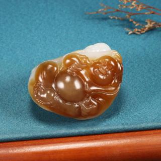 新疆和田玉糖羊脂白玉弥勒笑佛吊坠天然玉石且末料童子闹佛玉挂件
